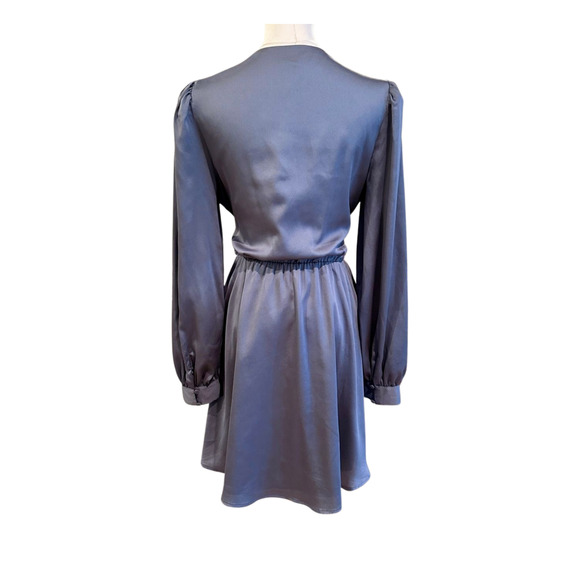 Express Satin Gray Faux Wrap Long Sleeve Tie Mini Dress Cocktail Size Small - Picture 4 of 10